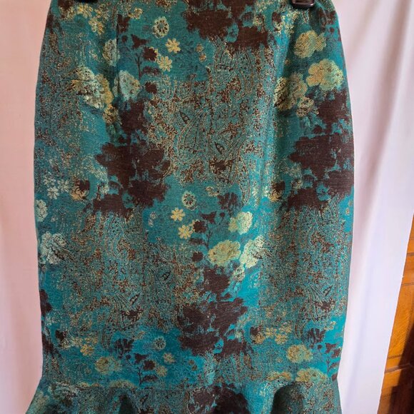BANU PARIS FLORAL BROCADE SKIRT SIZE 6 TEAL BROWN PRINT BOTTOM RUFFLE HEM - Picture 4 of 8